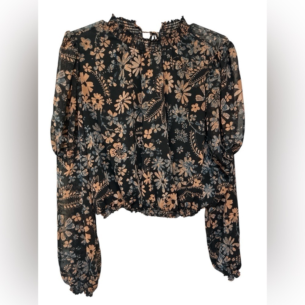 Free People Clarissa Printed Top in Midnight Juliet Sleeve Tie Back NWOT